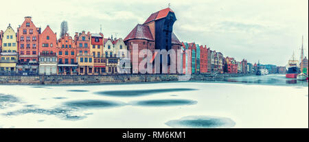 Danzig winter Panorama, auf zuraw Hafenkran von der Mottlau, Polen anzeigen Stockfoto