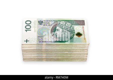 Bündel von polnischen 100 zloty Banknoten. Auf weiß isoliert. Beschneidungspfad enthalten. Stockfoto