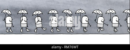 Cartoon zu Fuß Mann mit Regenschirm und Stiefel Stockfoto