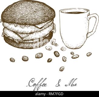 Kaffee & Mir, Illustration Hand gezeichnete Skizze für eine Tasse Kaffee mit Holzkohle Burger isoliert auf weißem Hintergrund. Stock Vektor