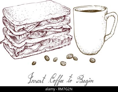 Legen Sie Kaffee zu beginnen, Illustration Hand gezeichnete Skizze für eine Tasse Kaffee mit gegrillten Sandwich isoliert auf weißem Hintergrund. Stock Vektor