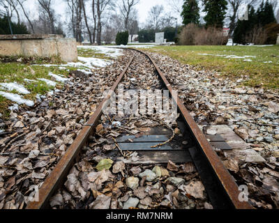 Rostige Schienen eines kleinen Bahn in einem Park im Winter (Wien, Österreich) Stockfoto