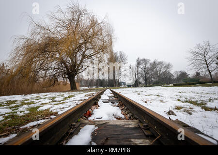 Rostige Schienen eines kleinen Bahn in einem Park im Winter (Wien, Österreich) Stockfoto