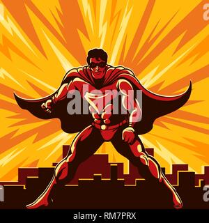 Superhelden, die über die Stadt in Retro Poster Art gezeichnet. Vector Illustration. Stock Vektor