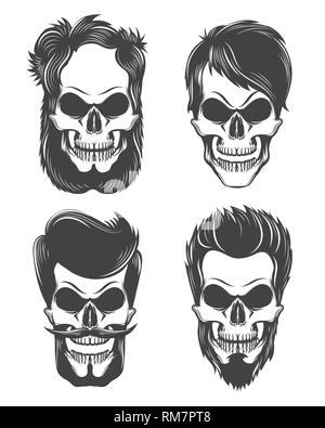 Set of stylized human skulls with mustaches, beards and different hairstyles. Vector Illustration. Stock Vektor