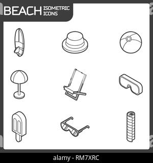 Strand Umrisse isometrische Symbole. Vector Illustration, EPS 10. Stock Vektor