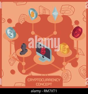 Cryptocurrency Farbe isometrische Konzept. Abbau von Münzen und Banknoten, Pool von Netzbenutzern, Sicherheit isoliert Vector Illustration Stock Vektor