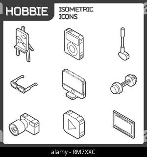 Hobbie Umrisse isometrische Symbole gesetzt und Infografiken Elemente Stock Vektor