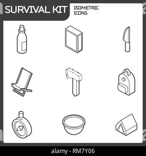 Survival Kit Umrisse isometrische Symbole. Vector Illustration, EPS 10. Stock Vektor