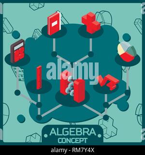 Algebra Farbe isometrische Konzept Symbole. Mathematische Wissenschaft. Ausbildung und wissenschaftliche Symbole gesetzt. Stock Vektor