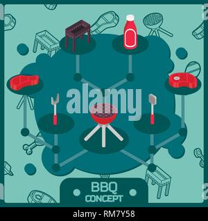 BBQ Farbe isometrische Konzept Symbole. Barbecue Flyer. Grill Werbung. Vector Illustration, EPS 10. Stock Vektor