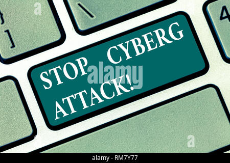Schreiben Hinweis angezeigt Stop Cyber Attack. Business foto Präsentation verhindern Schäden durch Hacker Computer netzwerk Tastatur Absicht zerstören Stockfoto