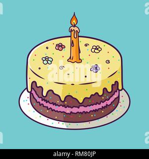 Glücklicher erster Geburtstag Jubiläum Karte mit Kuchen und Kerzen im flachen Design Style, Vector Illustration Stock Vektor