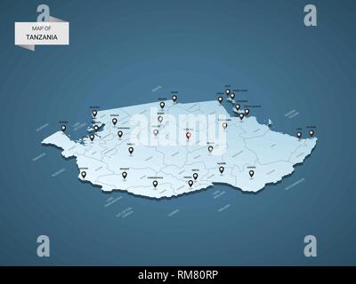 Isometrische 3D-Tansania Karte, Vector Illustration mit Städten, Ländergrenzen, Kapital, administrative divisions und Zeiger markiert; Gradient blauen Hintergrund. Stock Vektor