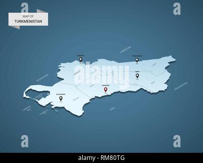 Isometrische 3D-Turkmenistan Karte, Vector Illustration mit Städten, Ländergrenzen, Kapital, administrative divisions und Zeiger markiert; Farbverlauf blau backgroun Stock Vektor