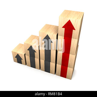 Holz block Stapeln wie Schritt Treppe mit Pfeil nach oben. Leiter Karriere Konzept für das Wachstum von Unternehmen Erfolg Prozess, 3D-Rendering Stockfoto