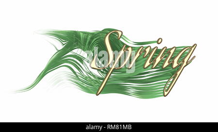 Das Wort Frühling Schriftzug von Gold und Grün und frisch gewellte Gras. 3D-Darstellung. Auf weissem Hintergrund Stockfoto