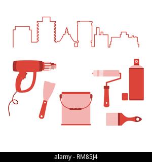 Vector Illustration mit Stadtbild und die Werkzeuge für die Vorbereitung, die Färbung der Oberflächen. Gebäude, den Bau und die Reparatur Tools. Malerei und rep Stock Vektor