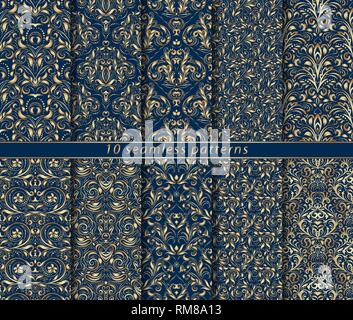 Sammlung von nahtlosen Gold Muster auf blauem Hintergrund. Reiche Ornamentik im barocken Stil. 10 Vektorgrafiken für textile Design, packagi Stock Vektor