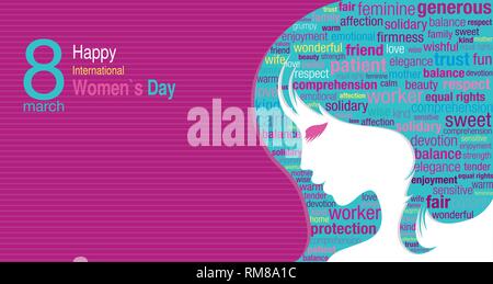 Internationaler Tag der Frau Titel mit einer Silhouette des Gesichts der Frau und eine Wolke von Wörtern die Silhouette in Grün, Blau, Rosa und Violett Farben Stock Vektor