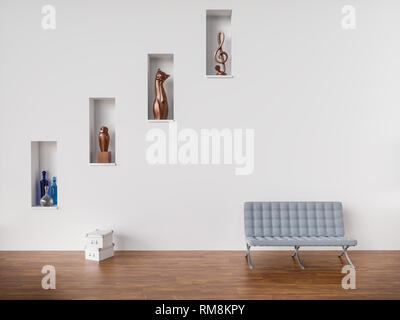 Skulpturen in weiße Wand mit Couch auf Holzboden - 3D-Rendering Stockfoto