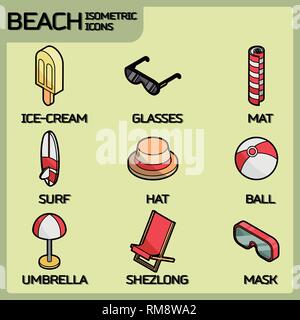 Strand Farbe Umrisse isometrische Symbole. Sommer Urlaub. Vector Illustration, EPS 10. Stock Vektor