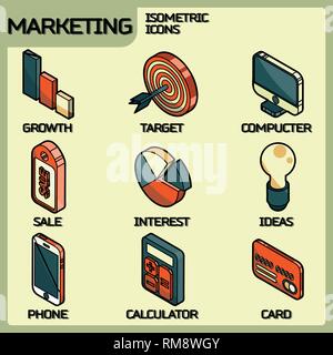 Marketing Farbe Umrisse isometrische Symbole. Vector Illustration, EPS 10. Stock Vektor