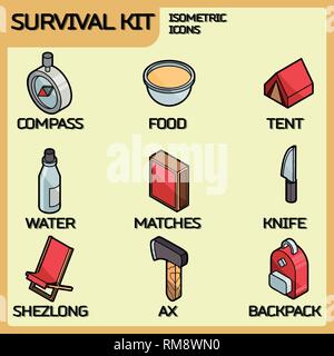 Survival Kit Farbe Umrisse isometrische Symbole. Vector Illustration, EPS 10. Stock Vektor