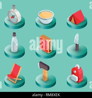 Survival Kit Farbe isometrische Symbole. Vector Illustration, EPS 10. Stock Vektor