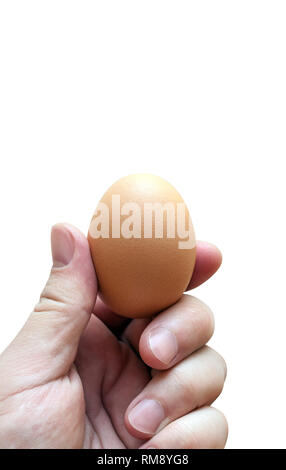 Hand ein Ei auf weißem Hintergrund Stockfoto