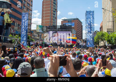 Juan Guaidó, interim Präsident der Republik Venezuela, spricht an der Konzentration. März und Rally für diesen Dienstag, 12. Februar, von Sonnenaufgang Stockfoto