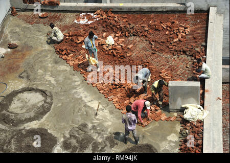 Arbeitnehmer mit Ziegel auf der Terrasse zur Abdichtung, Mumbai, Maharashtra, Indien, Asien Stockfoto