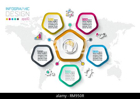 Fünfecke label Infografik mit 5 Stufen. Stock Vektor