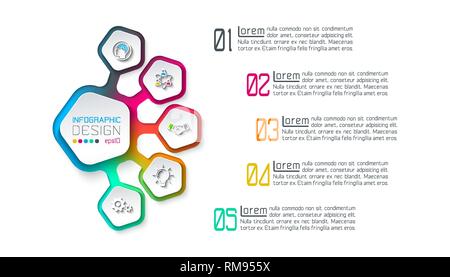 Fünfecke label Infografik mit 5 Stufen. Stock Vektor