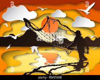 Silhouette des Menschen fangen die Fische in der Dämmerung auf dem Papier schneiden Art. Stock Vektor