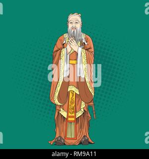 Konfuzius Portrait im Einklang Art Illustration. Er war Chinesischer Philosoph, Wissenschaftler und Lehrer der Frühling und Herbst periode der chinesischen Geschichte. Stock Vektor