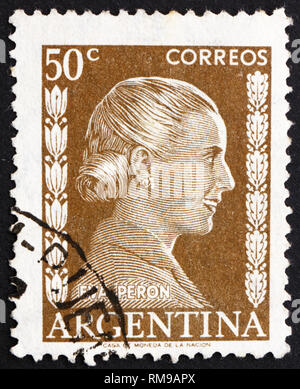 Argentinien - ca. 1952: einen Stempel in die Argentinien gedruckt zeigt Maria Eva Duarte de Perón, First Lady von Argentinien, ca. 1952 Stockfoto