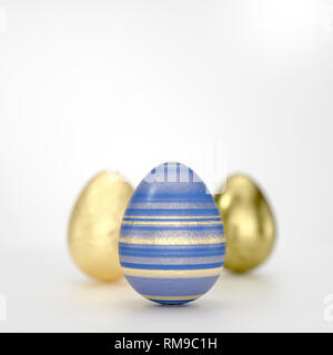 Drei Ostereier art concept mit gestreiften Schwarz goldene Dekoration in close-up gegen grauen Hintergrund mit Kopie Raum Stockfoto