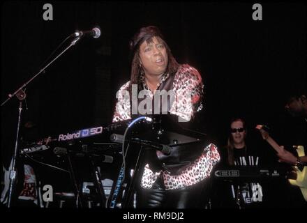 Musiker Rick James gezeigt wird unterhaltsam seine Fans auf der Bühne während einer "live"-Konzert aussehen. Stockfoto