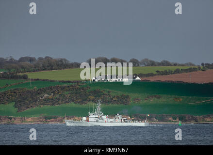 Whitegate, Cork, Irland. 18. Februar, 2019. Kriegsschiff L. É. Orla Heimweg von patrol Segel bis Cork Harbour zu ihrer Basis in Haulbowline, Co Stockfoto