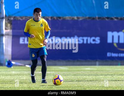 Barcelona, Spanien. 14 Feb, 2019. Wu Lei von China nimmt Teil an der offenen Training der Spanischen Liga team RCD Espanyol Barcelona, Spanien, am 14.02.2019. Credit: Joan Gosa/Xinhua/Alamy leben Nachrichten Stockfoto