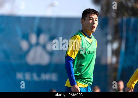 Barcelona, Spanien. 14 Feb, 2019. Wu Lei von China nimmt Teil an der offenen Training der Spanischen Liga team RCD Espanyol Barcelona, Spanien, am 14.02.2019. Credit: Joan Gosa/Xinhua/Alamy leben Nachrichten Stockfoto