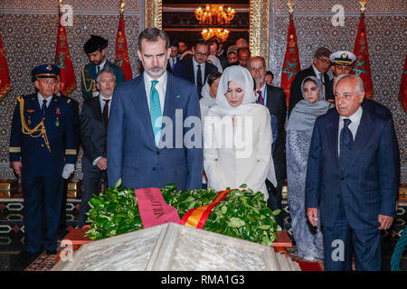 Rabat, Marokko. 14 Feb, 2019. König Felipe VI. von Spanien, der Königin Letizia von Spanien besuchen das Mausoleum von König Mohammed V am 14. Februar 2019 in Rabat, Marokko. Februar 14, 2019. Credit: Jimmy Olsen/Medien Punch *** Keine Spanien***/Alamy leben Nachrichten Stockfoto