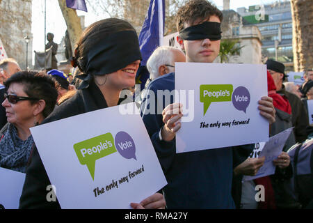 Parliament Square. London, UK, 14. Feb 2019 - Hunderte von Stimmen Unterstützer der Menschen Augenbinden tragen und Plakaten zeigt im Parlament Platz vor der Debatte im Unterhaus protestierte, dass der Brexit deal keine Klarheit und ohne Verschluss über die zukünftigen Beziehungen zwischen Großbritannien und Europa zur Verfügung stellen würde. Credit: Dinendra Haria/Alamy leben Nachrichten Stockfoto