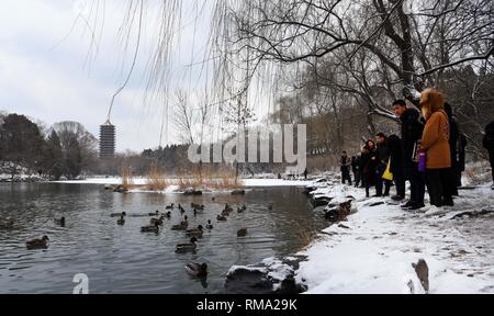 (190214) - Peking, Februar 14, 2019 (Xinhua) - Besucher sehen die verschneite Landschaft an der Peking Universität in Beijing, die Hauptstadt von China, 14.02.2019. (Xinhua/Ren Chao) Stockfoto