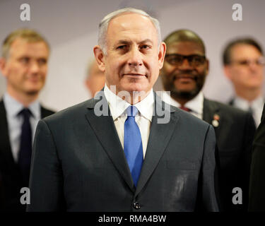 Warschau, Polen. 14 Feb, 2019. Der israelische Ministerpräsident Benjamin Netanjahu ist am National Stadium während der Warschauer Konferenz über den Nahen Osten in Warschau, Polen, April 14, 2019 gesehen. Polen Gastgeber einer zweitägigen internationalen Konferenz, die von den Vereinigten Staaten gesponsert über Frieden und Sicherheit in der Region des Nahen und Mittleren Ostens. Credit: Jaap Arriens/Xinhua/Alamy leben Nachrichten Stockfoto