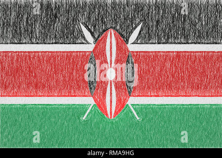 Kenia Flagge bemalt. Patriotischen Zeichnung auf Papier Hintergrund. Nationalflagge von Kenia Stockfoto