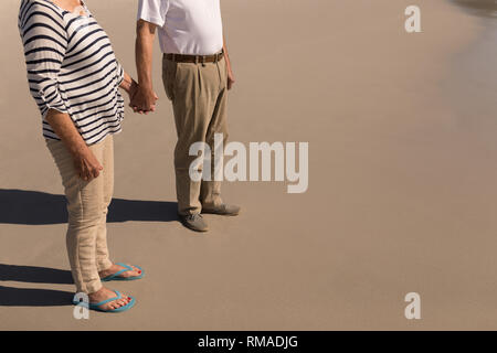 Älteres Paar halten die Hände am Strand Stockfoto