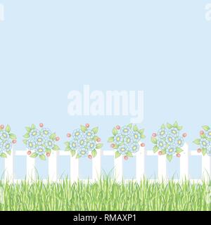 Hintergrund mit grünem Gras, weißen Zaun und Gänseblümchen Blumen Stock Vektor