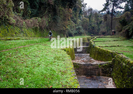 LUCCA, Italien - 12. JUNI 2009: Unbekannter Radfahrer radeln in Aquädukt bei Guamo, in der Nähe von Lucca, Toskana, Italien, gebaut von Lorenzo Nottolini 1823 Stockfoto